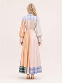 Multicolor Patchwork Stripe Long Sleeve Tie Maxi Shirt Dress