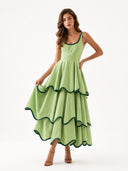 Elegant Color Trim Tiered Ruffle Sleeveless Maxi Dress