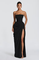 Strapless Pleated Slit Maxi Dress