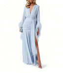 Elegant V-Neck Feather Cuff Flowing Chiffon Maxi Dress