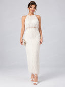 Elegant Faux Fur Fringe Crop Top & Maxi Skirt Two Piece Set