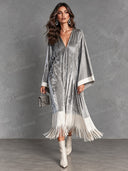 Contrast Fringe Velvet V-Neck Kaftan Midi Dress