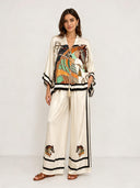 Elegant Horse Print Satin Kimono Top & Pants Two-Piece Set