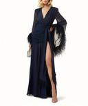 Elegant V-Neck Feather Cuff Flowing Chiffon Maxi Dress