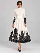 Elegant Contrast Lace Applique Mock Neck Midi Dress
