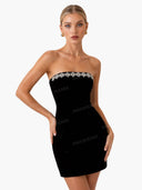 Elegant Velvet Jewel Embellished Trim Bandeau Mini Dress