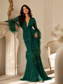 Elegant V-Neck Feather Cuff Chiffon Flowing Party Maxi Dress
