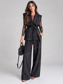 Tailored Blazer Vest Mesh Bodysuit Wide Leg Pants Three Piece Set