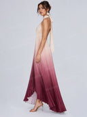 Elegant Ombre Pleated Halter Keyhole Maxi Dress