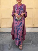 Retro Tie Dye Satin Sleeveless Maxi Dress Two Piece Set