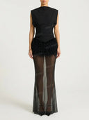 Sexy Sleeveless Feather Trim Mesh Maxi Dress