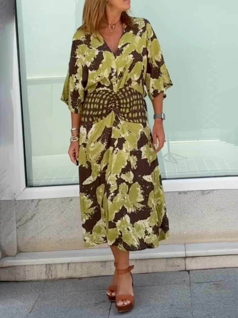 Casual Abstract Tie-Dye Print Kimono Sleeve Maxi Dress