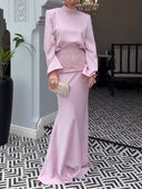 Elegant Satin Top & Embroidered Waistband Skirt Two-Piece Set