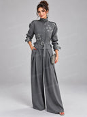 Minimalist Rhinestone Belted Jacket & Wide-Leg Pants Set