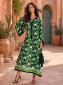 Emerald Oasis Scenic Print Tassel Maxi Dress