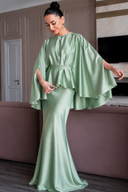 Satin Cape Sleeve Peplum Mermaid Maxi Dress Set