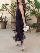 One Shoulder Tiered Fringe Maxi Dress