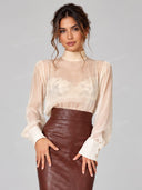 Sheer High Neck Blouse &Crocodile Embossed Midi Skirt Set
