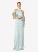 Elegant Satin Halter Feather-Trim Maxi Dress