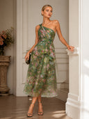 Elegant Floral Print One-Shoulder Chiffon Ruffle Midi Cocktail Dress