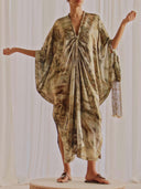Elegant Tie-Dye Glossy Satin Kaftan Maxi Dress