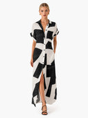 Exquisite Irregular Geometric Print Lapel Single-Breasted Short-Sleeved Maxi Shirt Dress