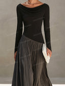 Draped Neck Long Sleeve Pleated Maxi Dress