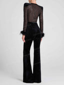 Elegant Lace Feather Trim Velvet Flare Jumpsuit