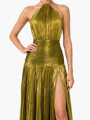 Elegant Metallic Pleated Halter Neck Maxi Dress