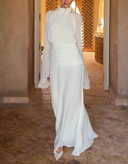 Elegant High Neck Ruched Waist Long Sleeve Maxi Dress