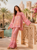 Elegant Satin Paisley Print Batwing Sleeve Two-Piece Set