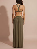 Elegant Rhinestone Halter Cutout Draped Maxi Dress