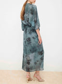 Elegant Floral Print Draped Kaftan Maxi Dress