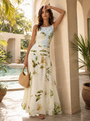 Fresh Sleeveless Boat Neck Printed Party Maxi Dress