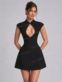 Elegant Mandarin Collar Cutout A-Line Mini Dress