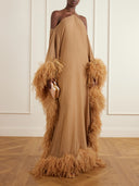 Elegant Halter Off-Shoulder Feather-Trim Maxi Evening Dress