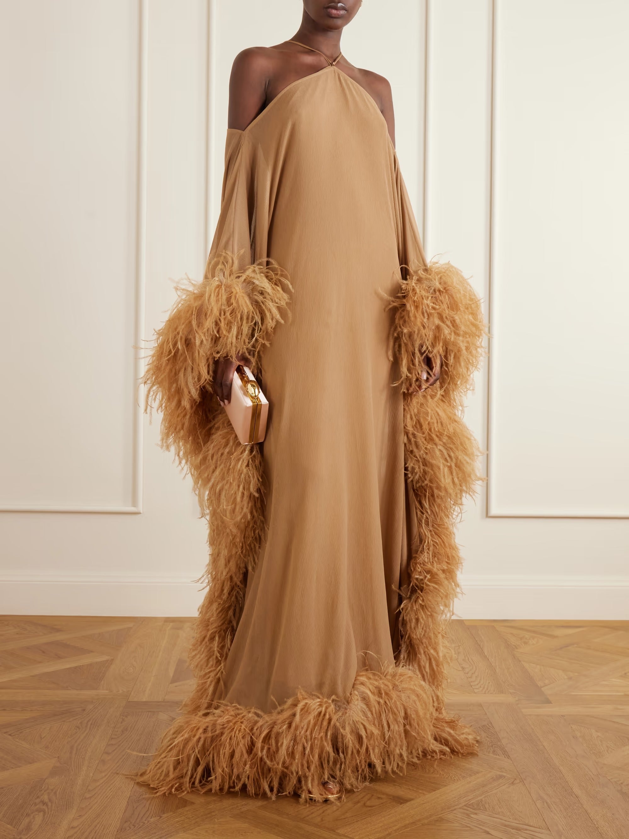 Elegant Halter Off-Shoulder Feather-Trim Maxi Evening Dress