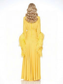 Elegant V-Neck Feather Cuff Flowing Chiffon Maxi Dress