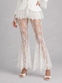 Elegant Lace Trim Blazer Top & Flared Lace Pants Two-Piece Set