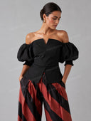 Elegant Puff Sleeve Top & Striped Harem Pants Two-Piece Set