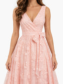 Elegant V-Neck Lace Embroidered Tie-Front Midi Dress
