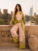 Exquisite Floral Feather Trim Crop Top & Wide Leg Pants Two-Piece Set