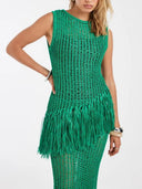 Elegant Open-Knit Fringe Tank Top & Maxi Skirt Two-Piece Set