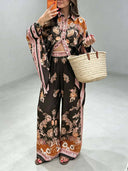 Retro Floral Print Satin Loose Shirt & Wide-Leg Pants Two-Piece Set