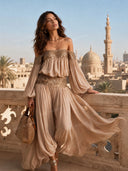 Elegant Off-Shoulder Sequin Embellished Flowy Maxi Dress Two-Piece Set