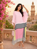 Unique Satin Striped Contrast Bat Sleeve Midi Dress