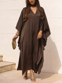 Elegant Satin Choker Neck Batwing Sleeve Kaftan Maxi Dress