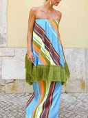 Colorful Striped Fringe Strapless Maxi Dress