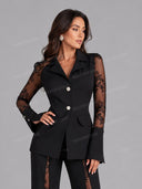 Tailored Lace Panel Blazer & Flare Pants Set