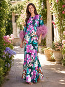 Elegant Floral Print Feather Cuff Satin Maxi Dress